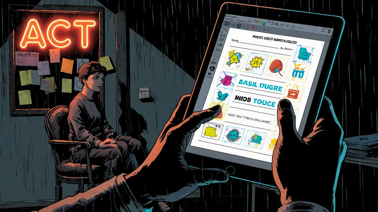 Terapeut upravuje pracovní list na tabletu, přidává ikony pro adolescenta, v neonově osvětlené místnosti.