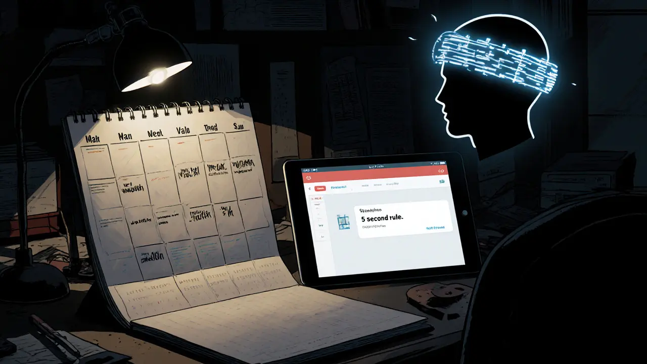 Terapeutická kancelář v noci s kalendářem šesti týdnů, tabletem s aplikací a neurofeedback headsetem.