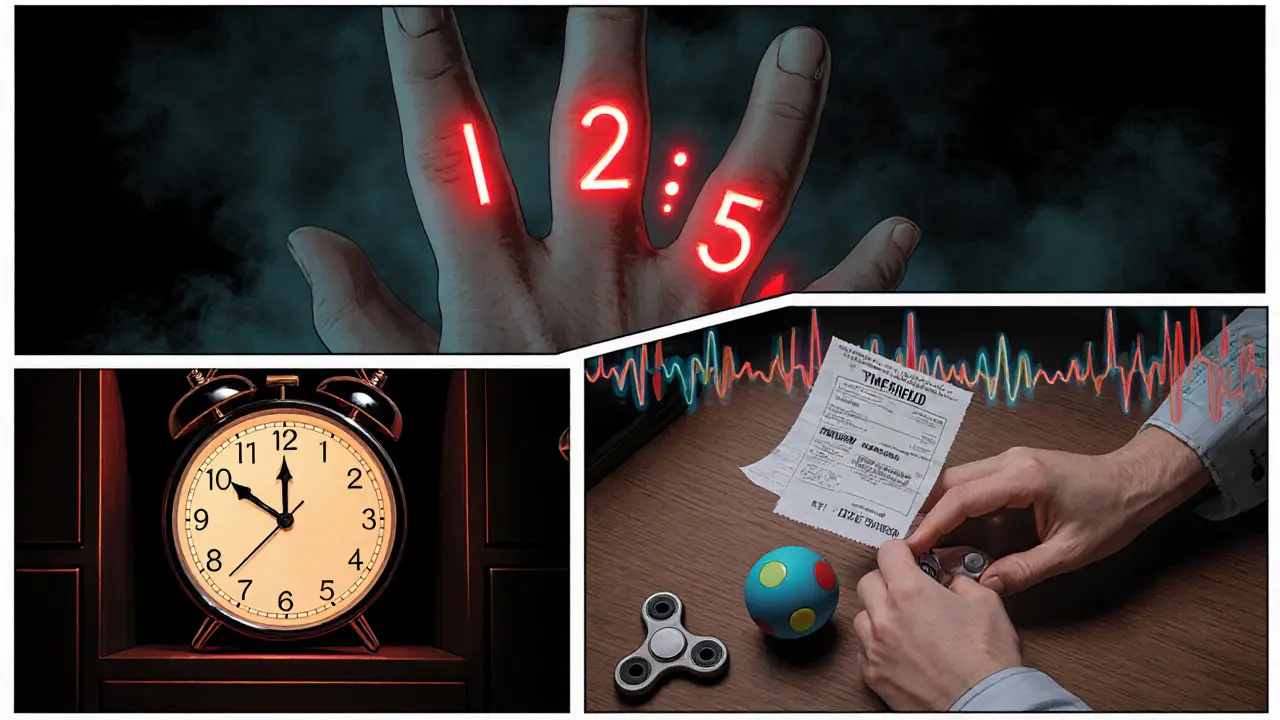 Tři panely: počítání do pěti, 24‑hodinový časový štít s účtenkou a fidget hračky na stole.