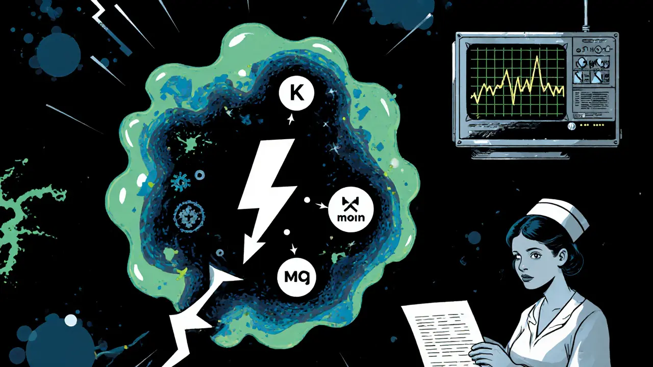 Buňka s proužkem inzulinu táhnoucím elektrolyty dovnitř, monitor srdečního rytmu.