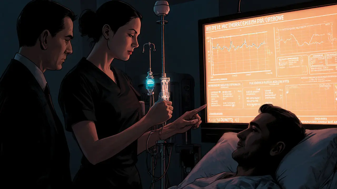 Moderní jednotka intenzivní péče s monitorovacími grafy, sestra podává suplementy.