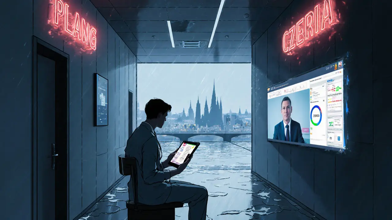 Noir ilustrace budoucího léčení: digitální analýza, video‑terapie, šedý městský scénář.