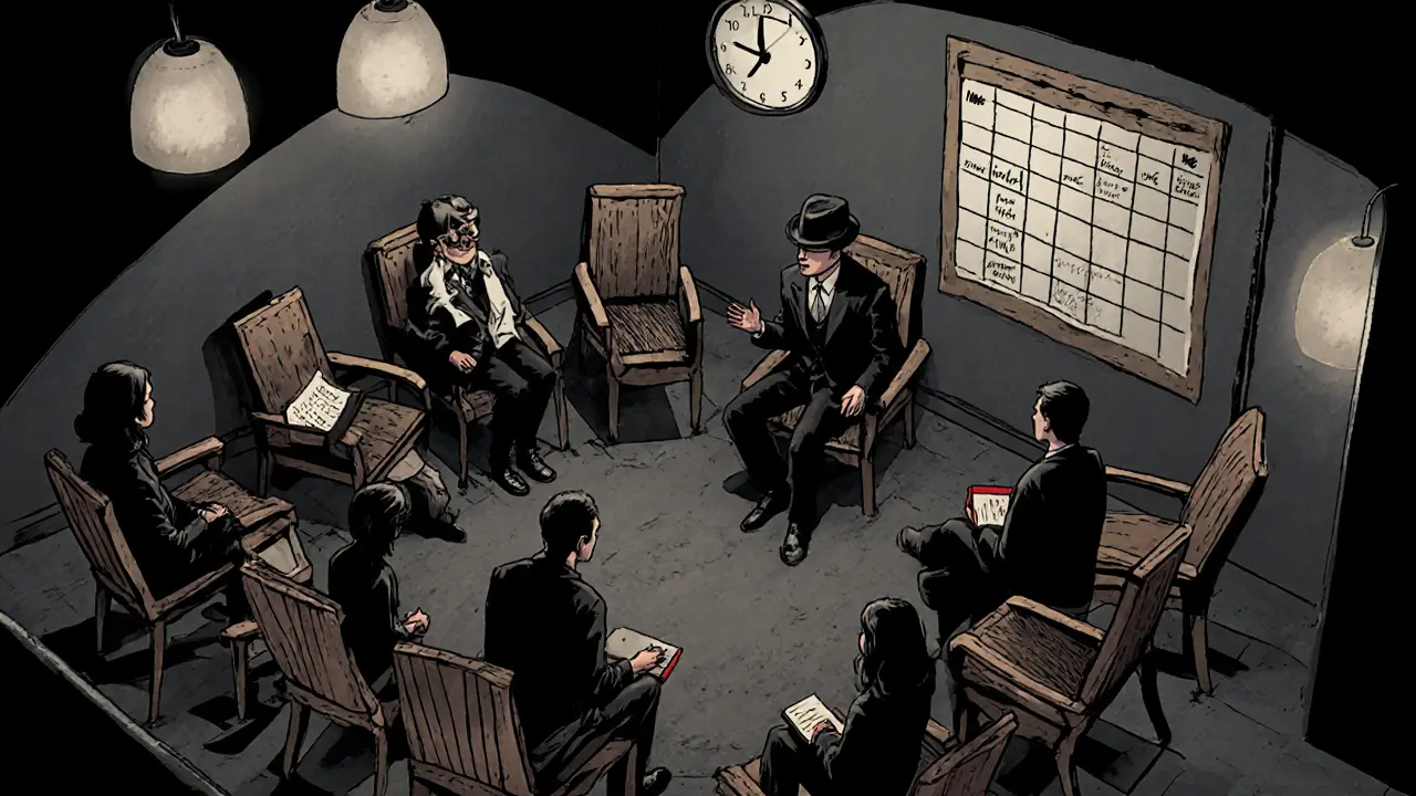 Noir komiksová scéna terapie v rezidenčním programu – skupinová i individuální činnost.