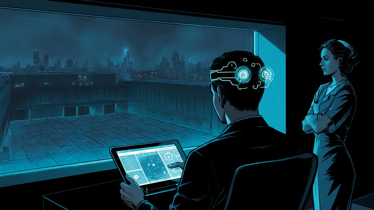 Noir komiksová vizualizace AI aplikace RecoveryTrack a moderní technologie v léčbě závislostí.