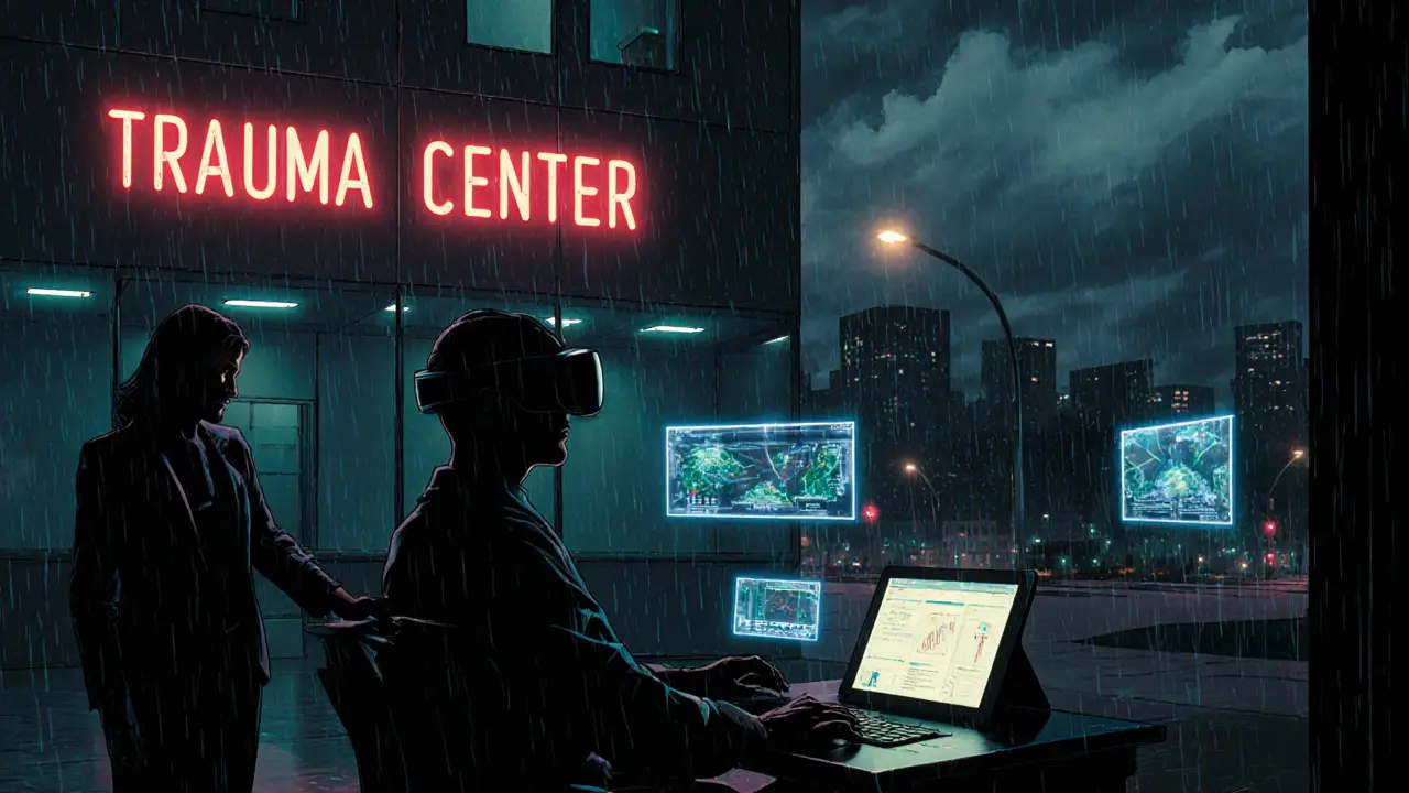 Pacient ve VR headsetu, terapeut sleduje biofeedback, neonová značka kliniky v deštivém městě.