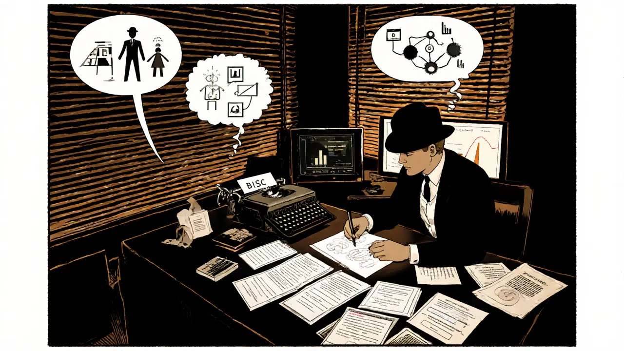 Poradce u stolu s papíry BIP, diagramem DISC a kartami 5S, AI analýza na monitoru.