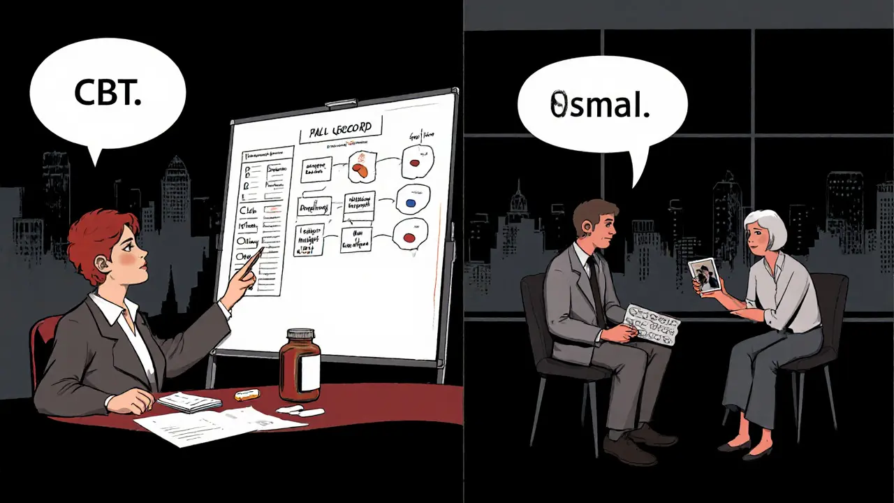 Rozdělený noir panel: KBT s tabulí a pilulkami, interpersonální terapie s fotografií.