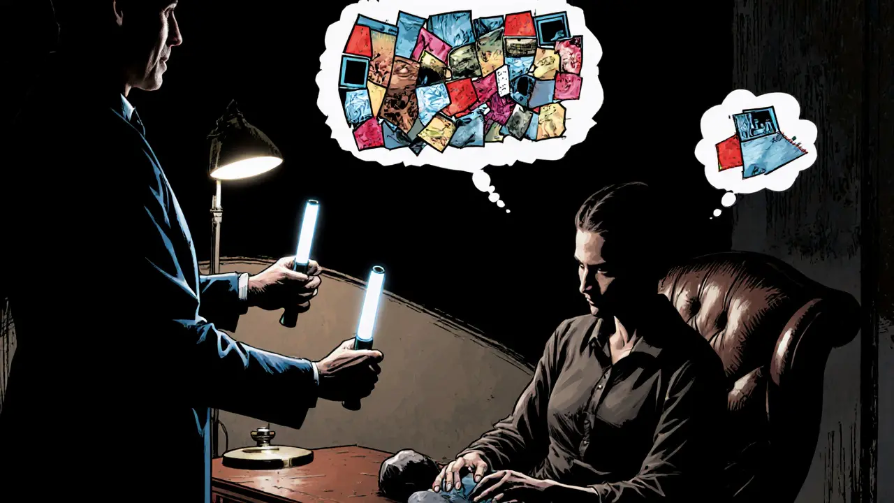 Terapeut používá světelné tyčky, pacient drží studený kámen, bubliny ukazují roztržené vzpomínky.