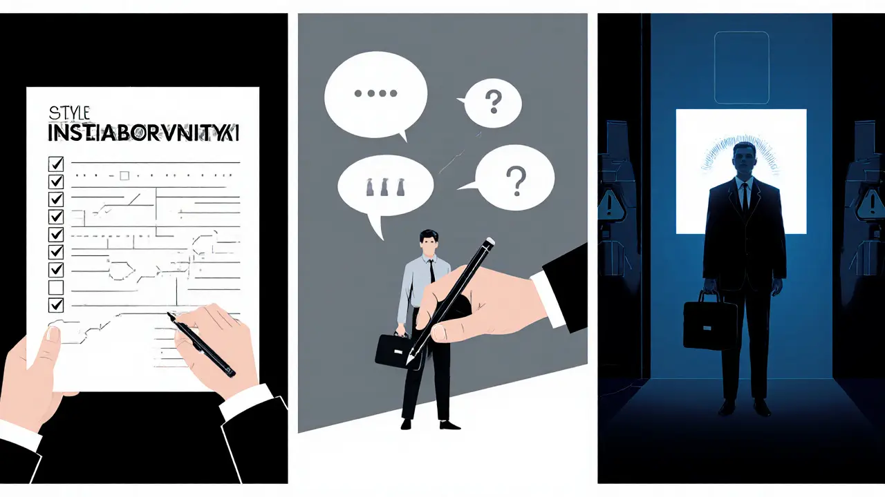 Tři panely ukazují přechod od direktivního plánu k nezávislému klientovi s AI varováním.