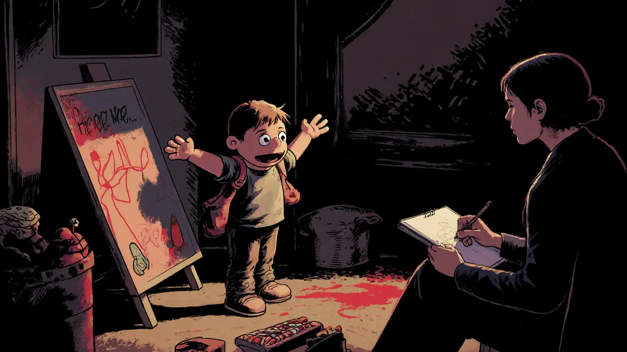 Dítě hraje s loutkou, symbolizující těžké břemeno, zatímco terapeut sleduje.