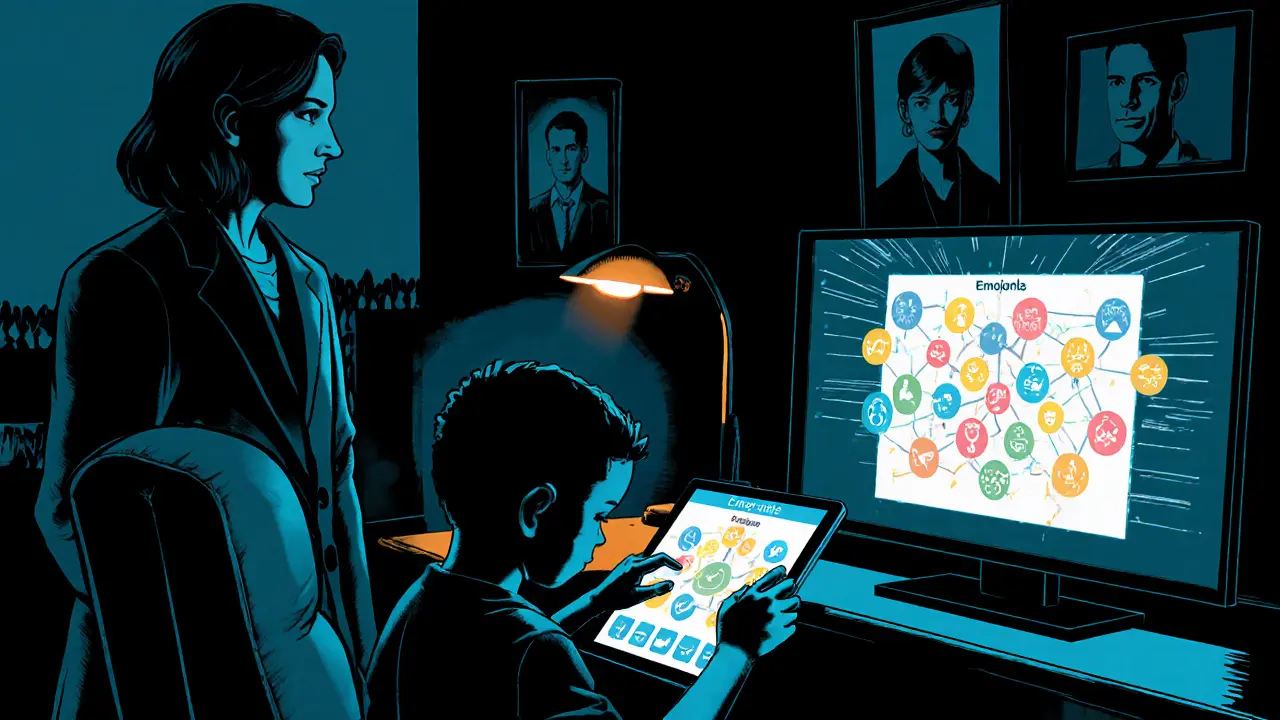 Dítě používá aplikaci Emoční mapa, terapeut kontroluje data na hologramu.