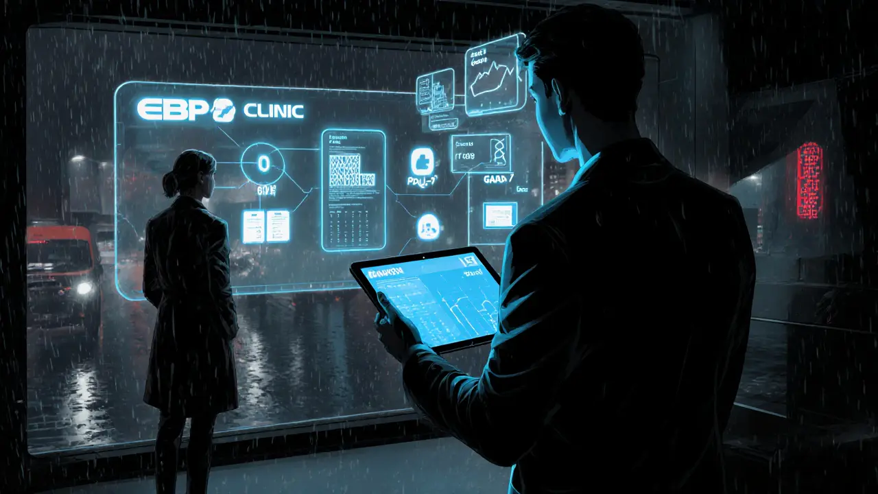 Moderní česká klinika s digitálními nástroji, hologramy a klient s tabletem.