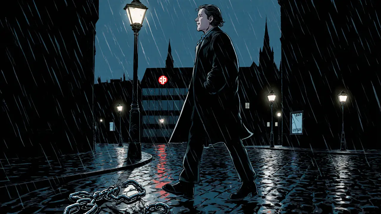 Pacient spokojeně kráčí po deštivé ulici po úspěšné terapii OCD, město v noir stylu.