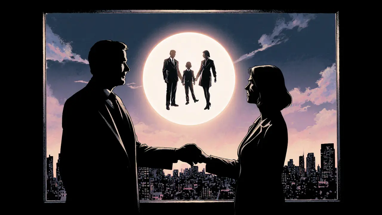 Terapie končí, všechny části se sjednocují kolem Selfu, klient a terapeut si podávají ruce u okna s ranním světlem.