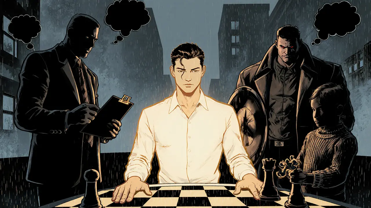 Vnitřní scéna s kritickou částí, strážcem, zraněným dítětem a klidným Selfem uprostřed, obklopené stíny.