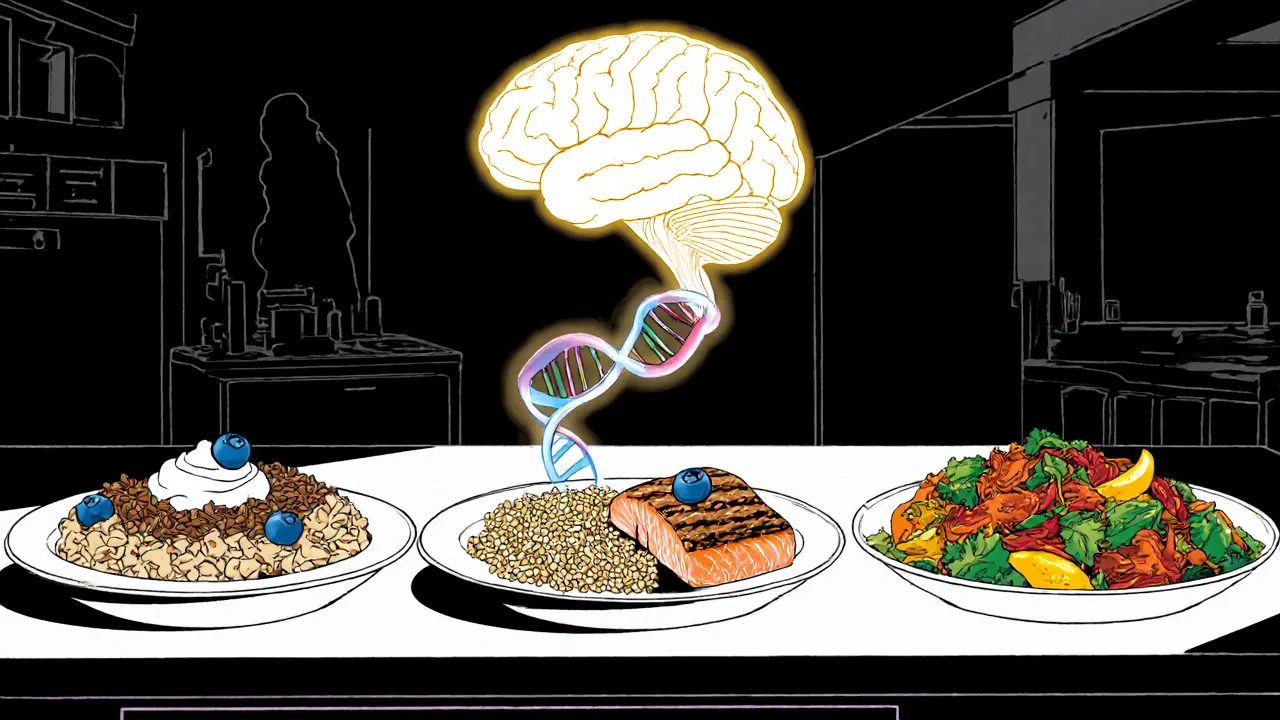 Barevná vyvážená miska jídla, zářící mozek a DNA, nadějná scéna.