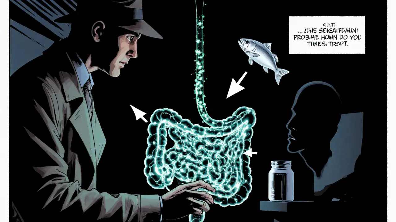 Detektiv‑vědec zkoumá střevní mikrobiom a mozkovou serotoninu v černobílém komiksu.