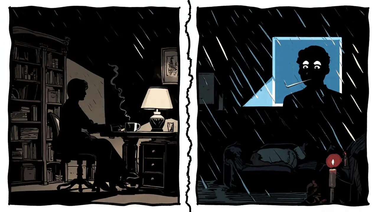 Rozdělený obrázek ukazuje osobní sezení v kanceláři a probíhající online terapii přes videohovor.