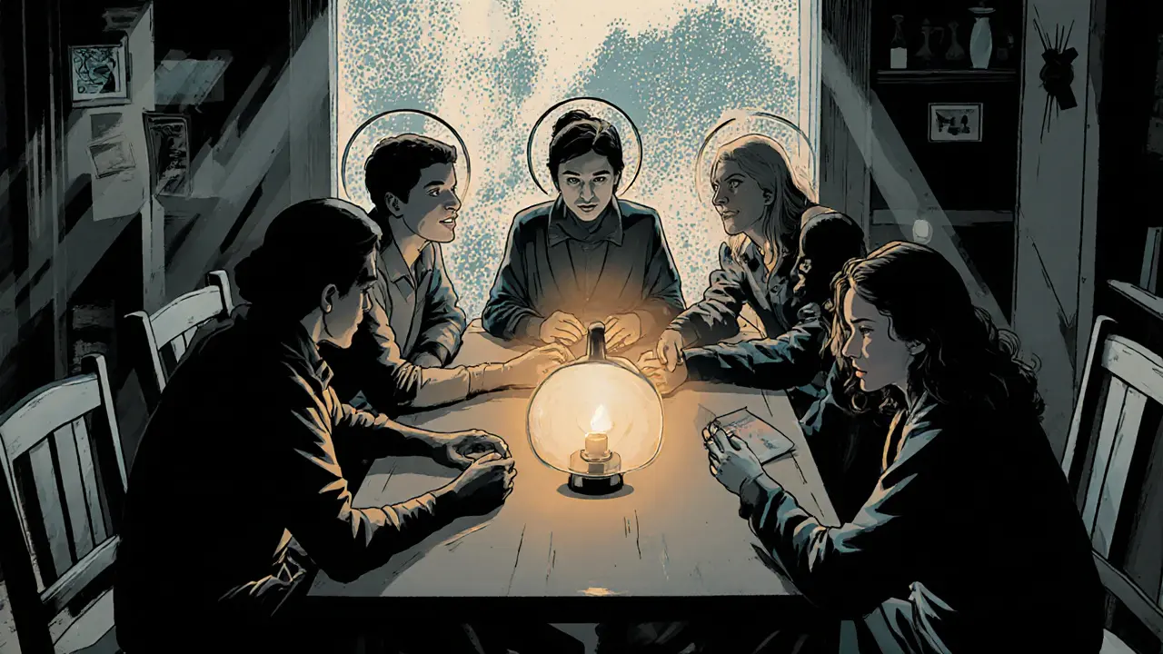 Skupina lidí v komunitním centru sdílí podporu a úsměvy po terapii.