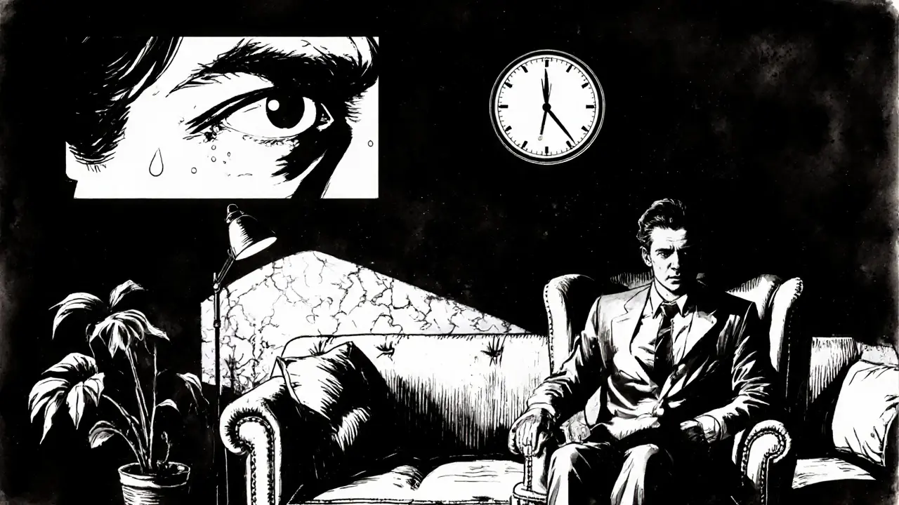 Terapeut v temné místnosti zachycuje mikrovýrazy napjatého klienta na pohovce.