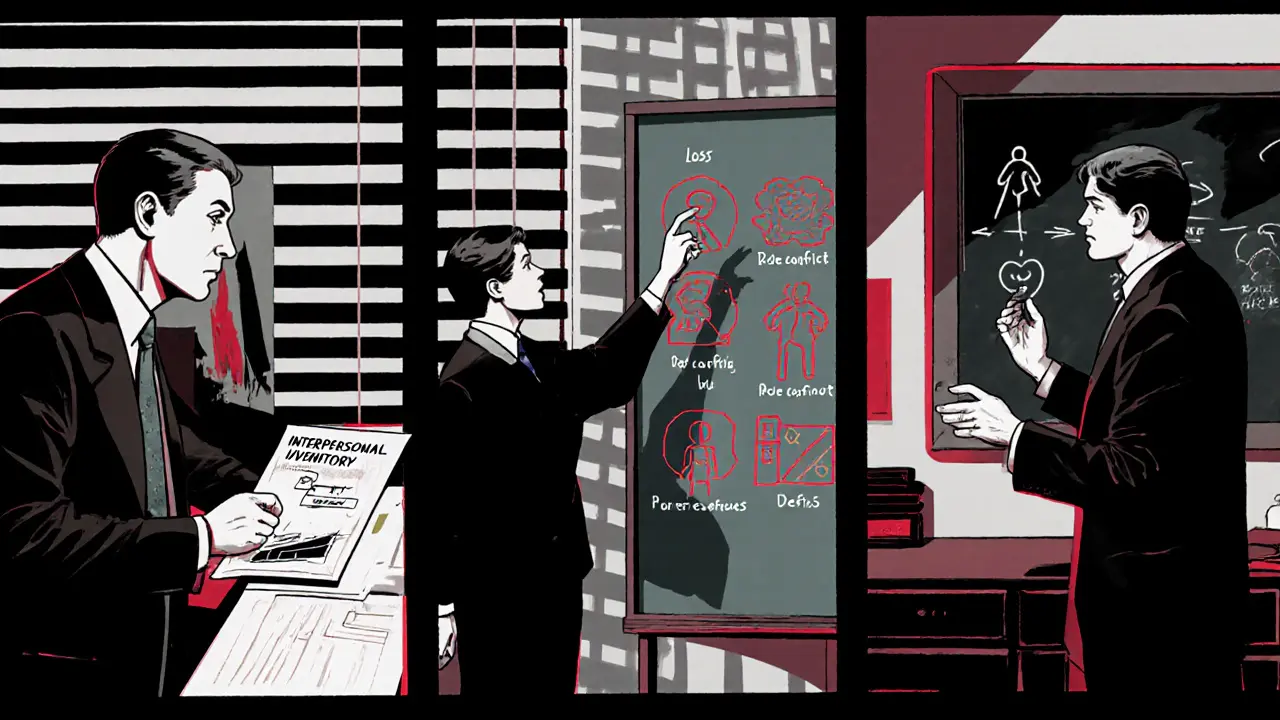 Tři panely ukazují terapeutický sezení s inventářem vztahů a plánováním řešení.