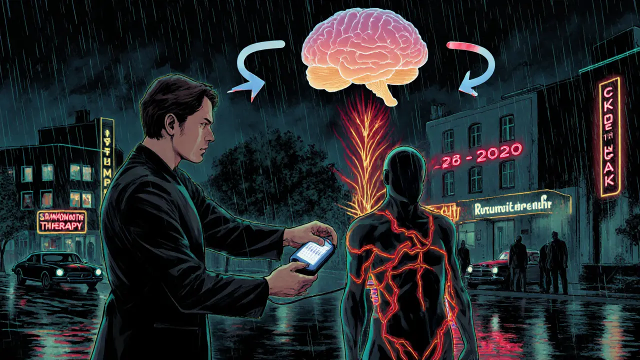 Budoucí vývoj senzomotorické terapie s EEG a českými centry, v noir komiksovém stylu.