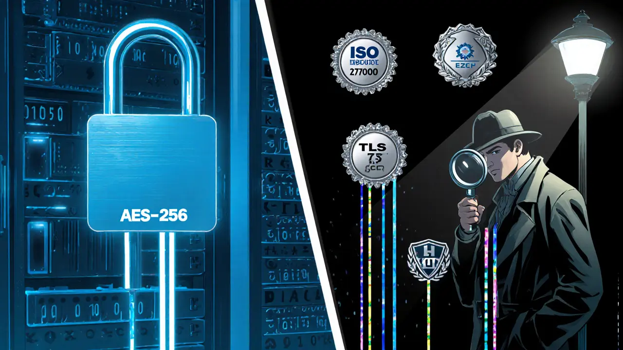 Detektiv‑počítačový analytik zkoumá přenosy dat, zobrazené jako proudy šifry AES‑256 a TLS 1.3, s certifikacemi ISO 27001 a ČÚKZP.