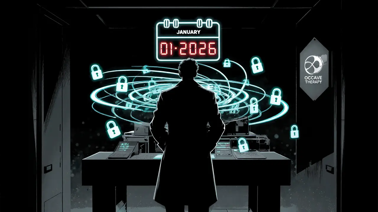 Futuristická scéna laboratoře s kvantovým šifrováním, zářícími částicemi a kalendářem ukazujícím rok 2026, v temném noir stylu.