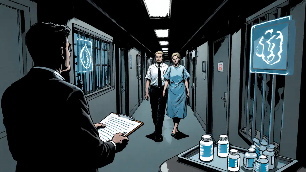 Pacient v nemocnici, sestra a lékař, symboly detoxikace a farmakologické péče.