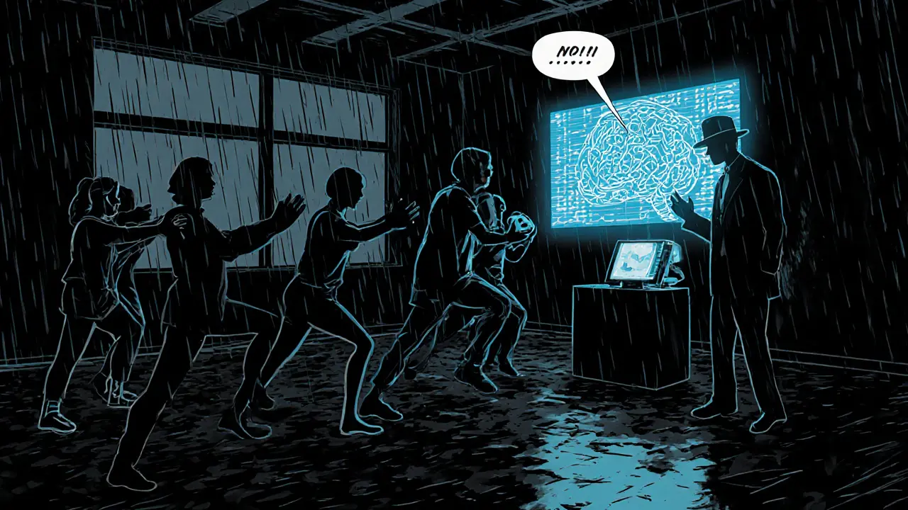 Skupinová terapie s pohybovými cvičeními a neurofeedback, zachycena v noir komiksu.