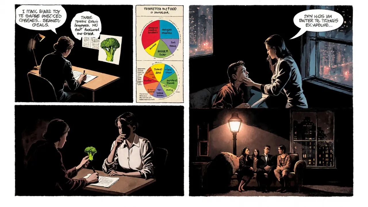 Čtyři panely ukazují kroky CBT‑AR od deníku po rodinnou podporu.