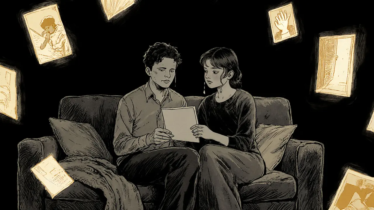 Dvě osoby sedí na pohovce, jedna čte dopis, zatímco vzpomínky září jako zlaté jiskry v temnotě.