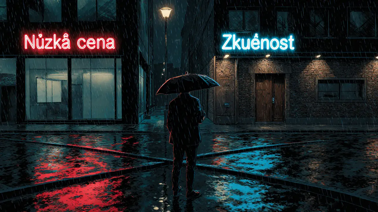 Klient s deštníkem stojí na rozcestí, nad ním neonové nápisy nízká cena a zkušenost.