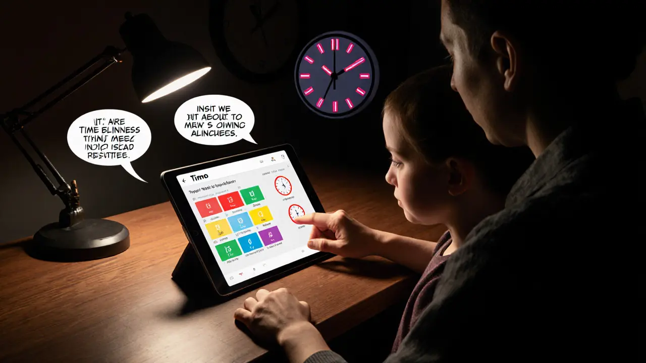 Rodič a dítě používají aplikaci Tiimo na tabletu, barevné časové bloky, noir atmosféra.