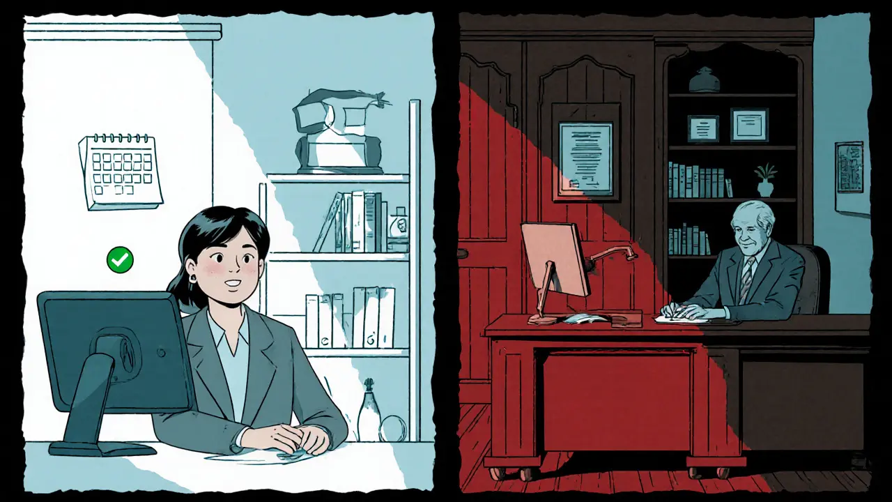 Rozdělená scéna: junior terapeut v domácí kanceláři versus senior terapeut v klasické praxi.