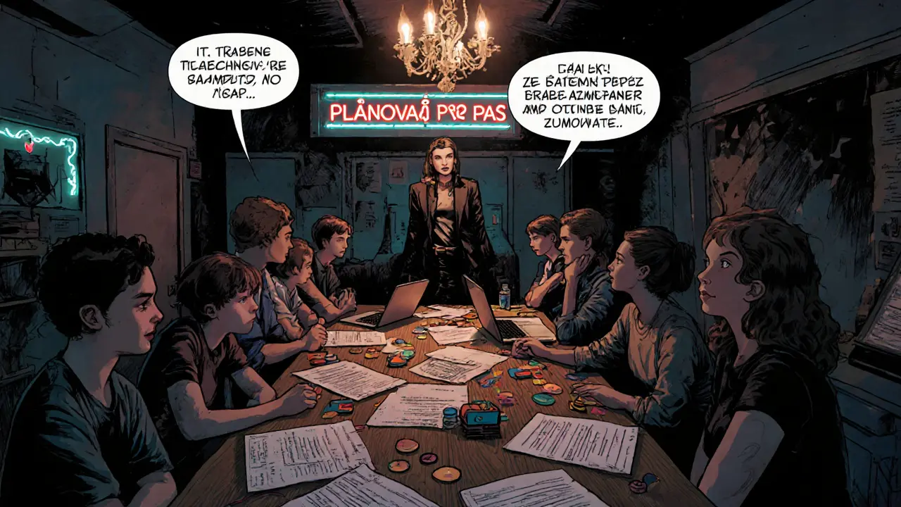 Skupina na setkání AspiKids sdílí české šablony plánování, temná noir scéna s nadějným nádechem.