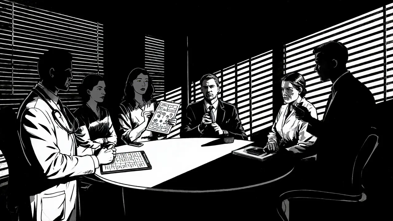 Tým specialistů diskutuje o léčbě ARFID v tmavé klinice.