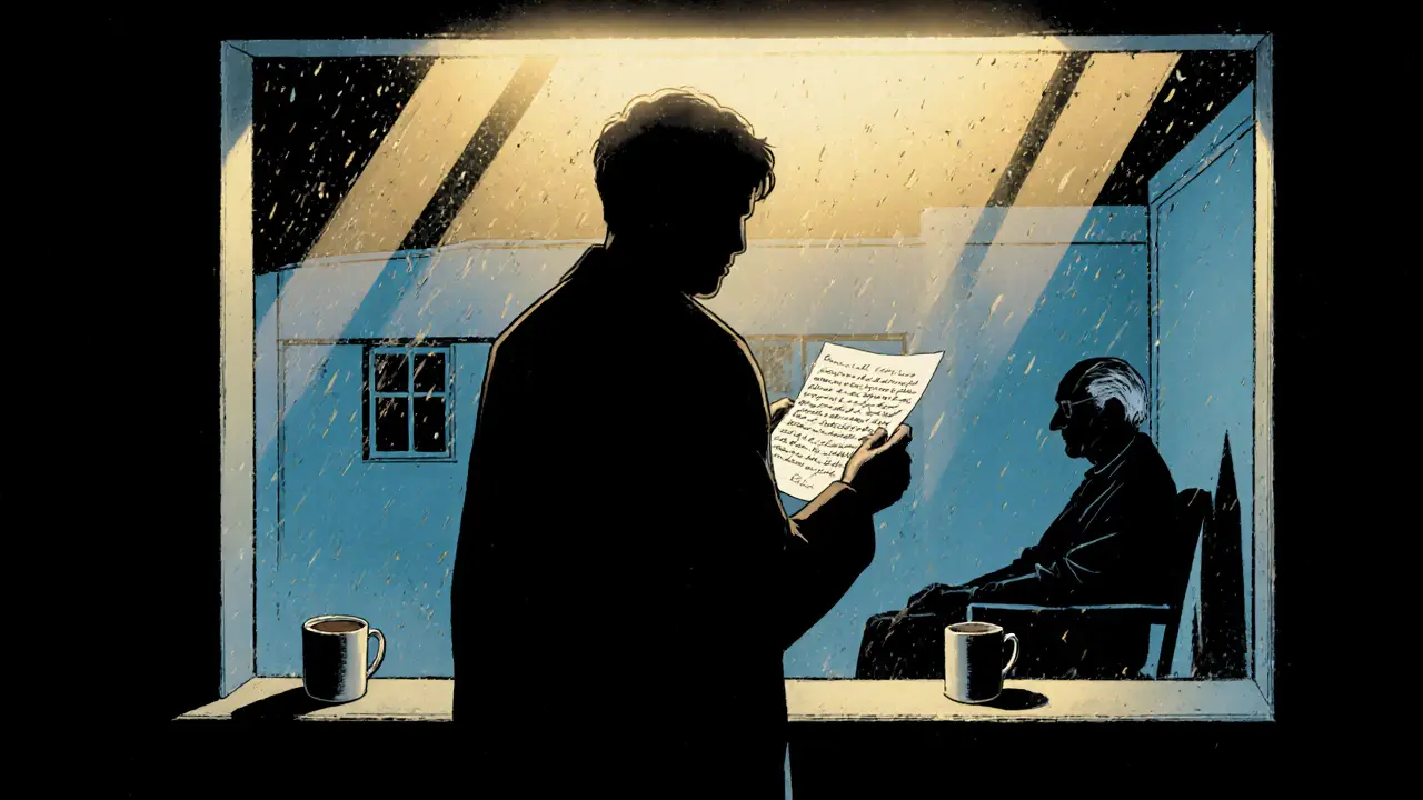 Žena drží dopis u okna nemocnice, zatímco teplý světlo osvětluje kávu a dešťové proužky.