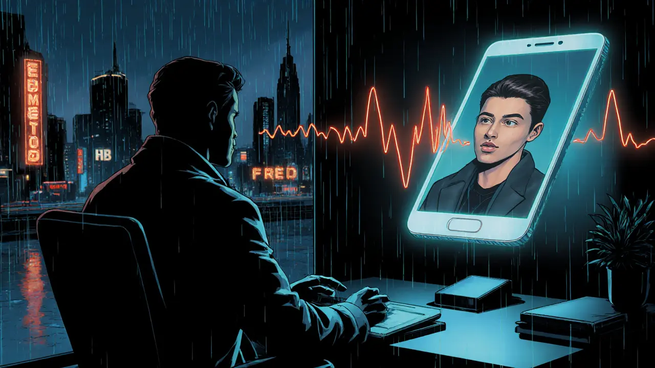 AI analyzuje emoce během hybridní terapie, holografické projekce a temná městská noir scenérie.