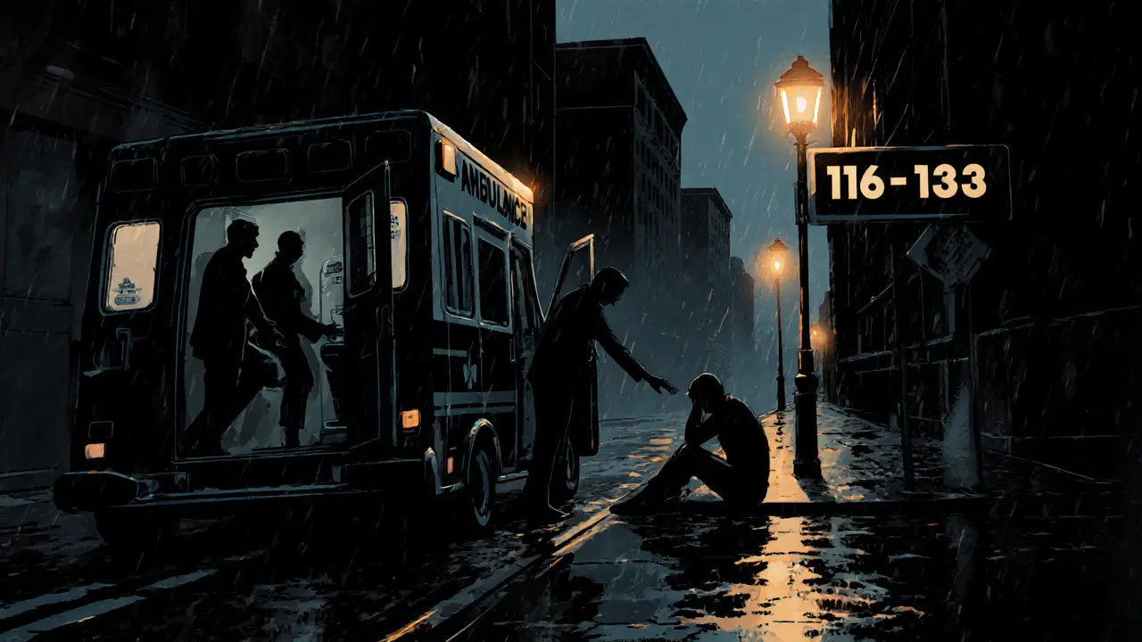 Ambulance s psychologem pomáhá osobě na dešti, v noci svítí nápis 116 123, náznak naděje.