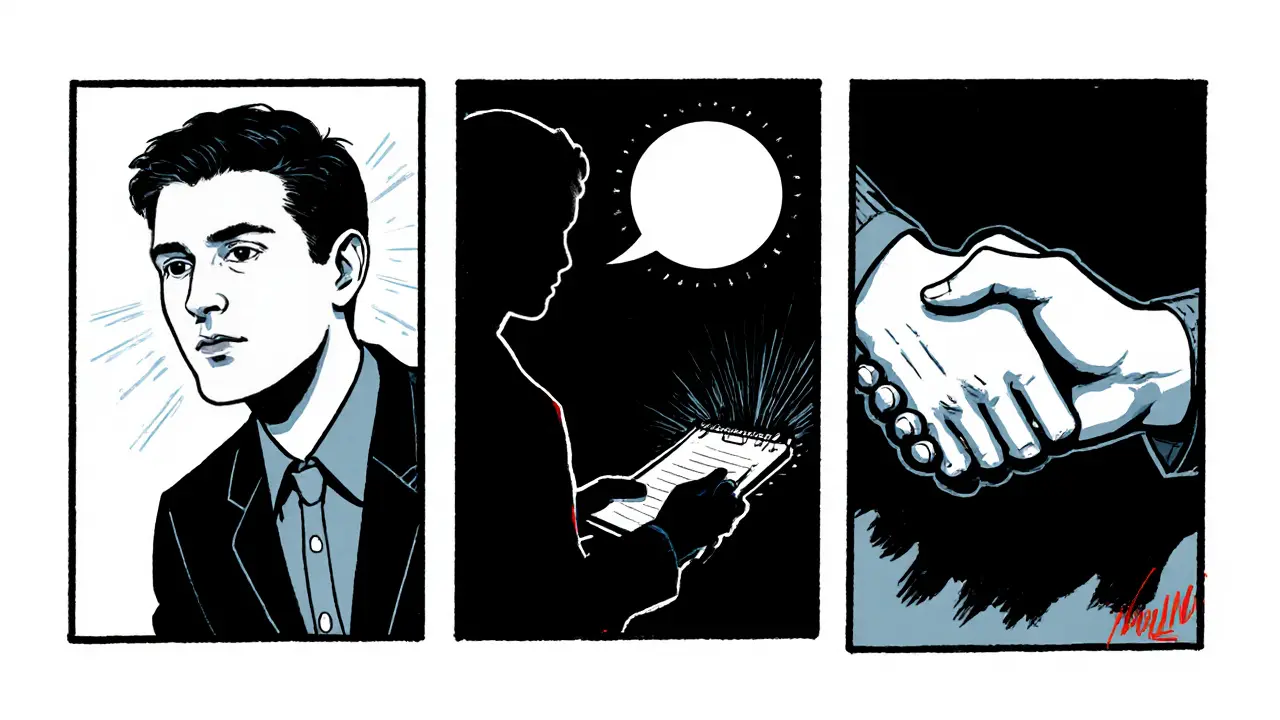 Klient používá já‑komunikaci, terapeut naslouchá, vizualizováno v panelech.