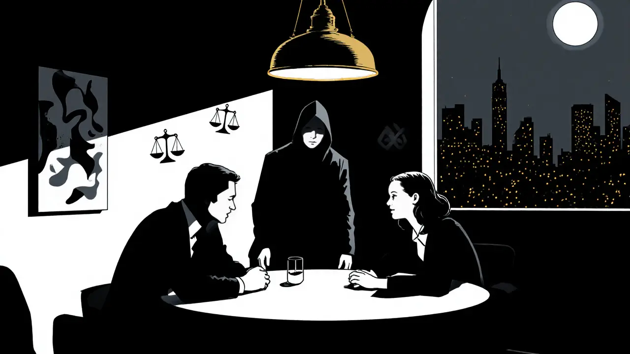 Mediátor a dvojice v kanceláři, společně řeší konflikt.