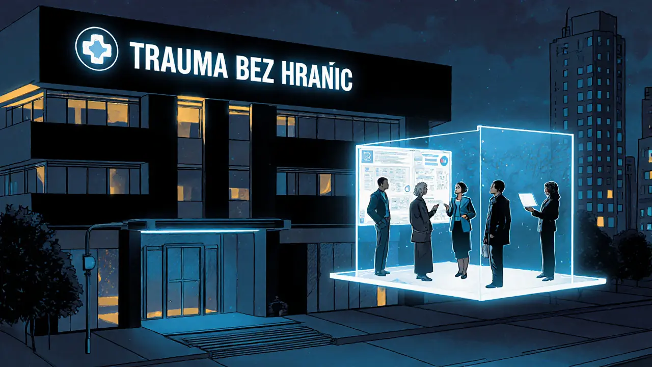 Moderní klinika s terapeutickým týmem, hologramem a teleterapií ve městě.