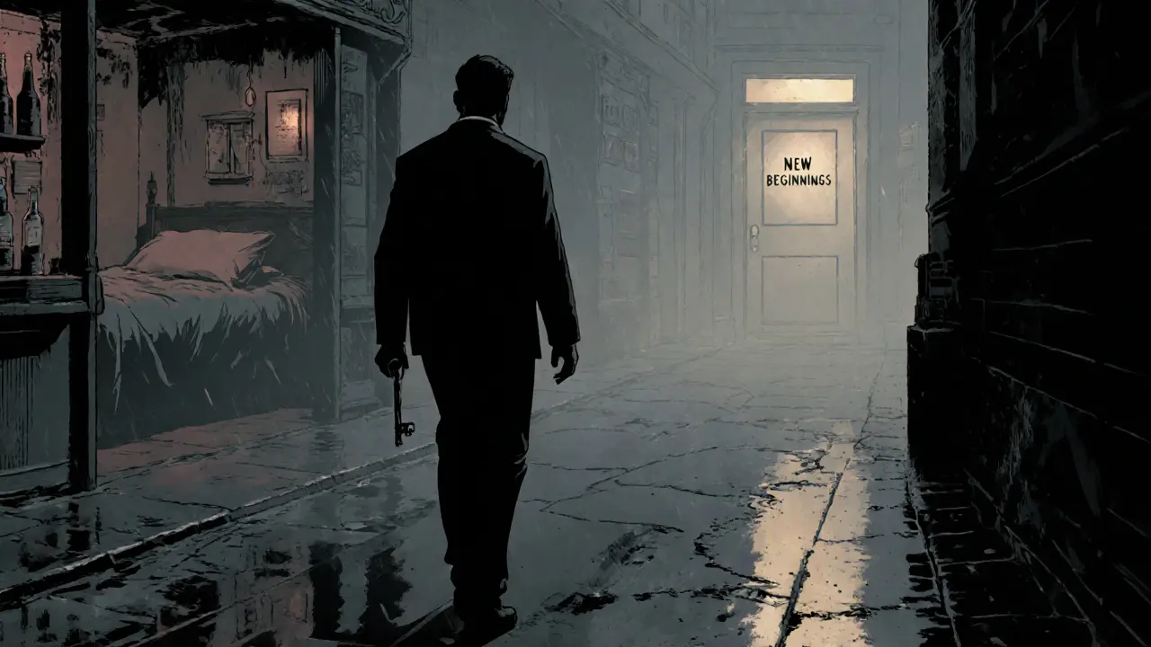 Muž kráčí po mlhavé ulici, za ním zanikající bar, před ním svítící dveře.