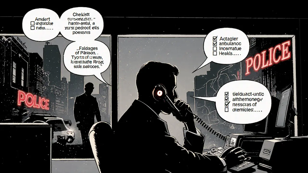 Operátor tísňové linky 112 v temném centru s výčtem otázek v bublinách a siluetami záchran.