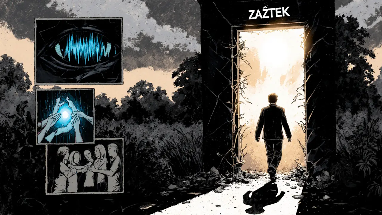 Osoba vchází do zahrady, za ní se řítí dveře, její stín je silný a celistvý, kolem ní jsou symboly léčby.