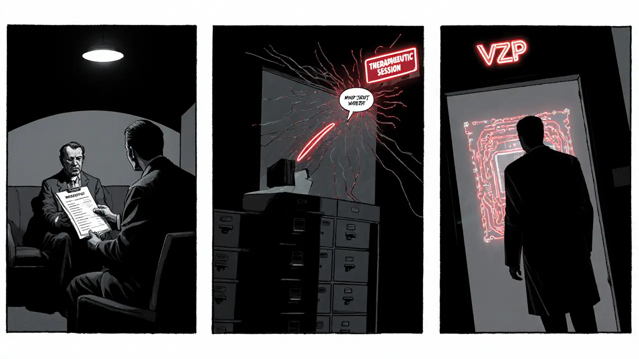 Panel ukazuje pacienta v čekárně, psychiatra vydává indikaci a následně se posílá žádost VZP.