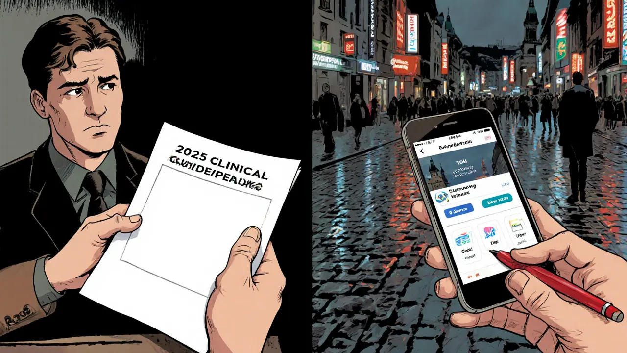 Rozdělená scéna: terapeut s papírovými dokumenty a pacient s aplikacemi na telefonu v pražské dešťové ulici.