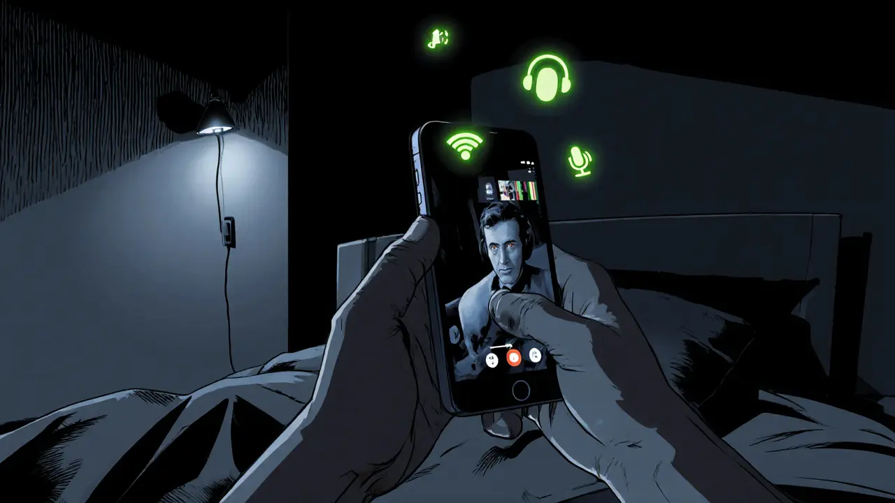 Ruka drží smartphone během video terapie, viditelné ikony signálu, sluchátka a rozostřené pozadí.