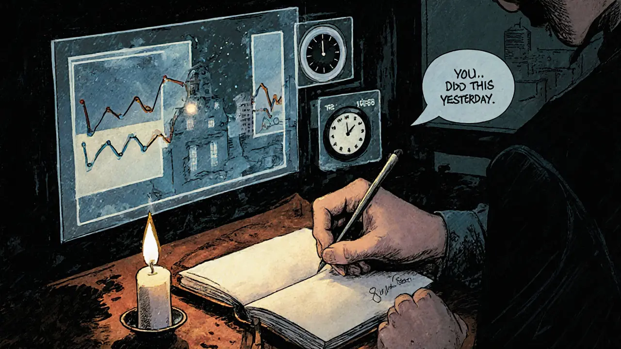 Ruka píše do deníku, zatímco digitální grafy a připomínky se objevují jako průhledné obrazy nad stránkami.